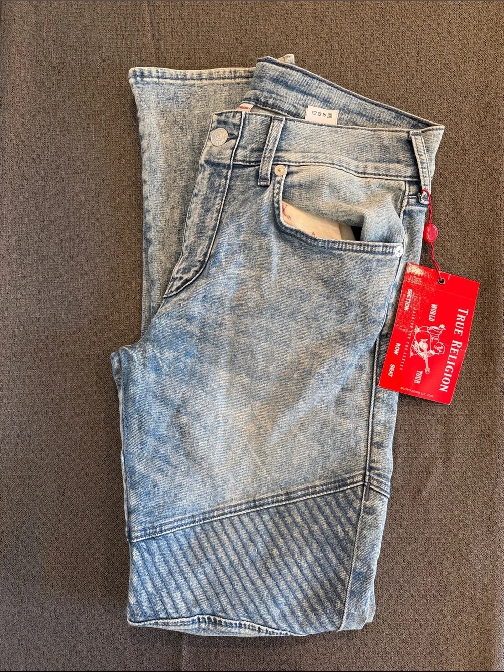 True Religion Acid Wash Blue Moto Jeans with Ribbed Knee